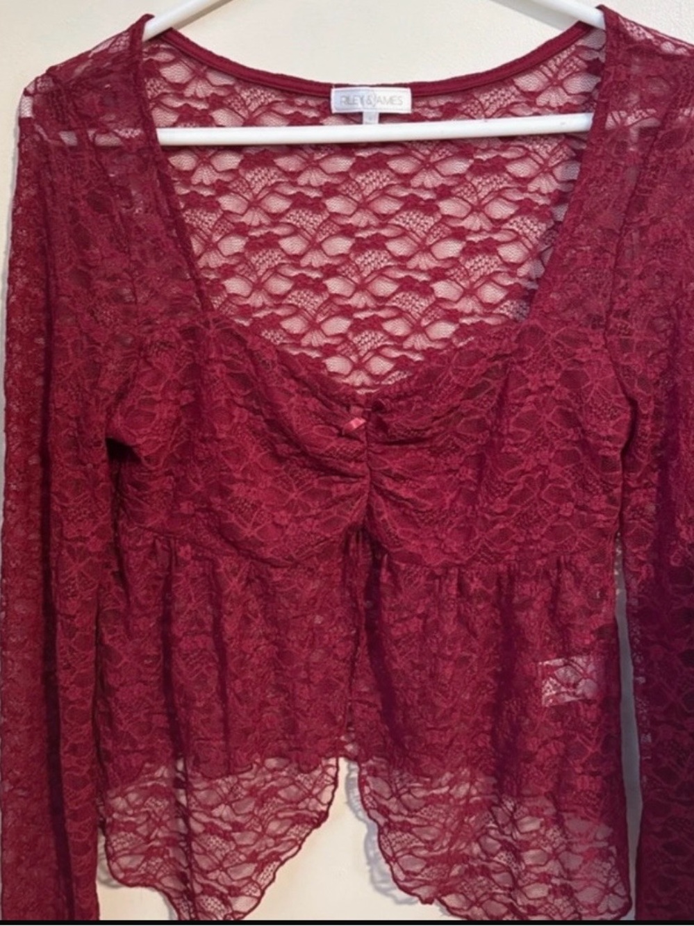 Burgundy Lace Long-Sleeve Peplum Top